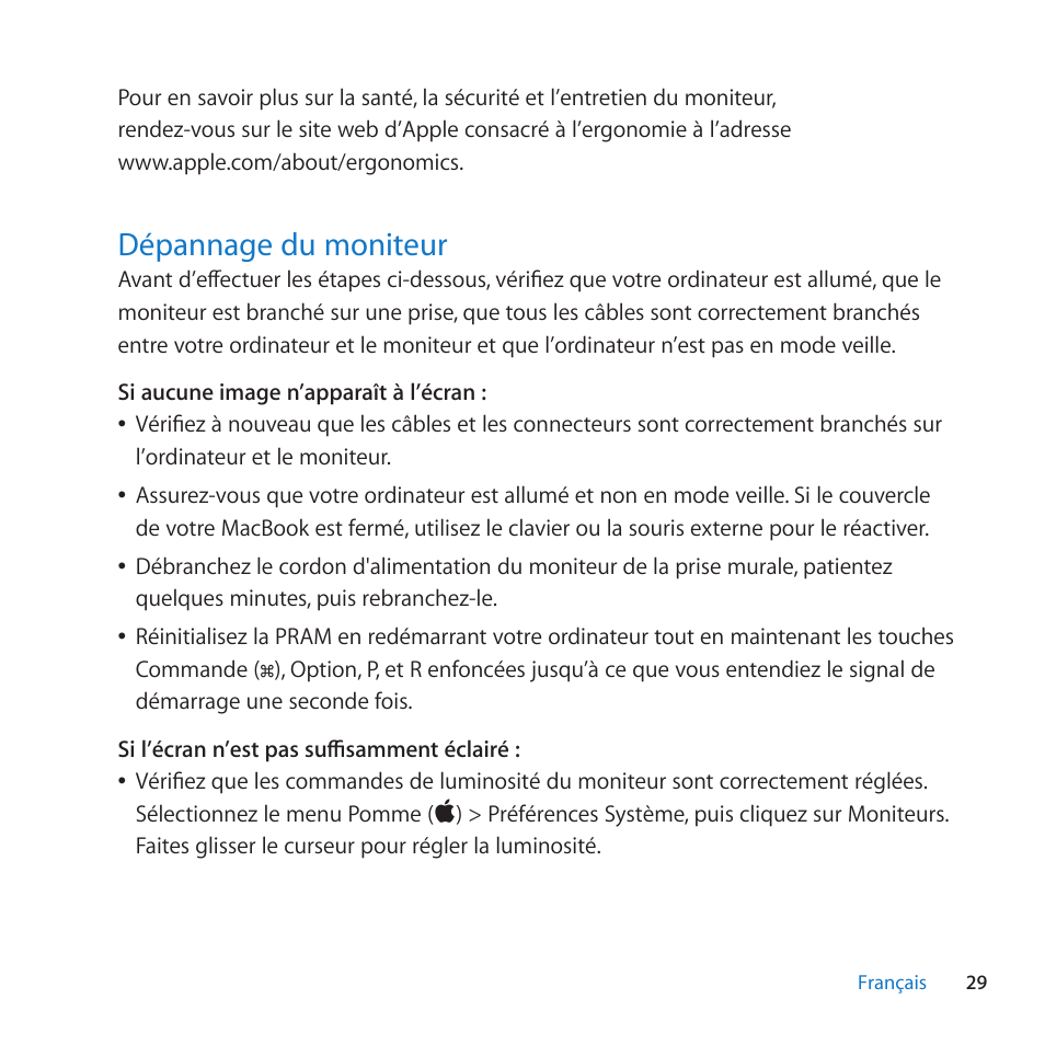 Dépannage du moniteur, 29 dépannage du moniteur | Apple LED Cinema Display (27-inch) User Manual | Page 29 / 104