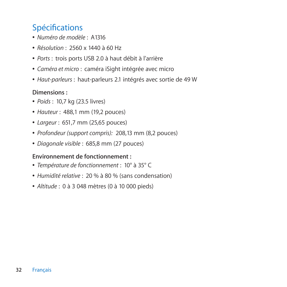 Spécifications, 32 spécifications | Apple LED Cinema Display (27-inch) User Manual | Page 32 / 104