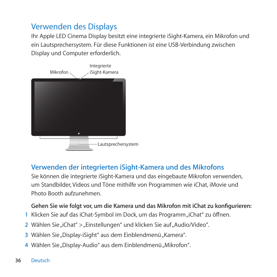 Verwenden des displays, 36 verwenden des displays | Apple LED Cinema Display (27-inch) User Manual | Page 36 / 104