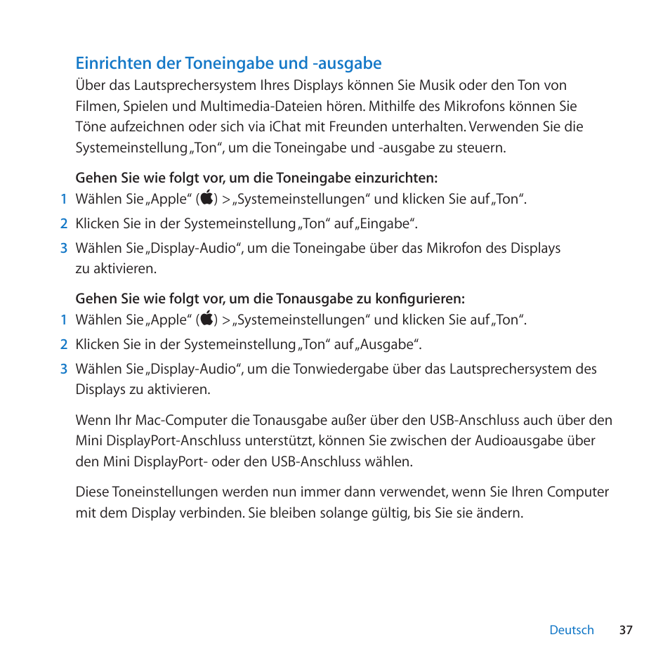 Einrichten der toneingabe und -ausgabe | Apple LED Cinema Display (27-inch) User Manual | Page 37 / 104