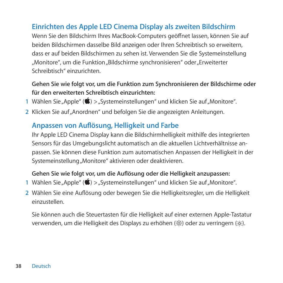 Anpassen von auflösung, helligkeit und farbe | Apple LED Cinema Display (27-inch) User Manual | Page 38 / 104