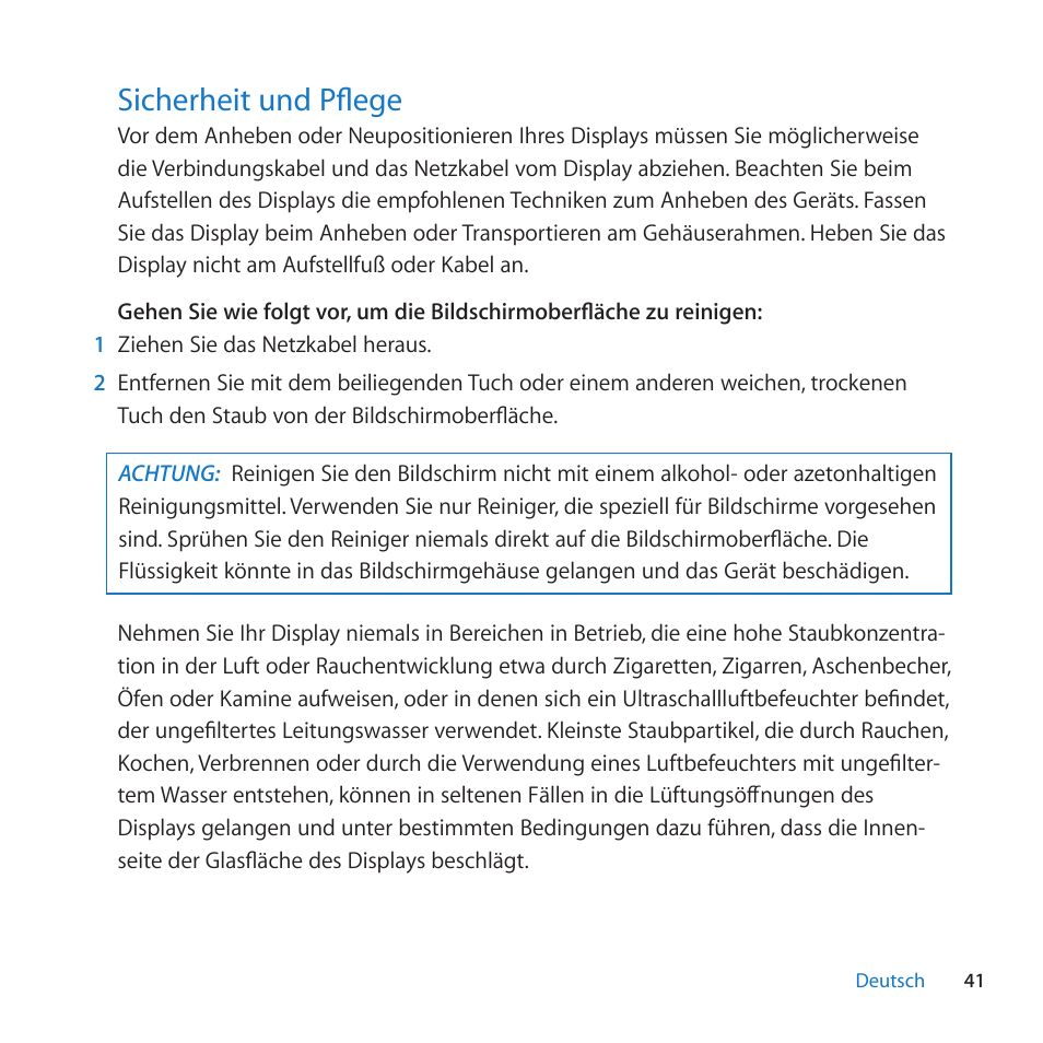 Sicherheit und pflege, 41 sicherheit und pflege | Apple LED Cinema Display (27-inch) User Manual | Page 41 / 104