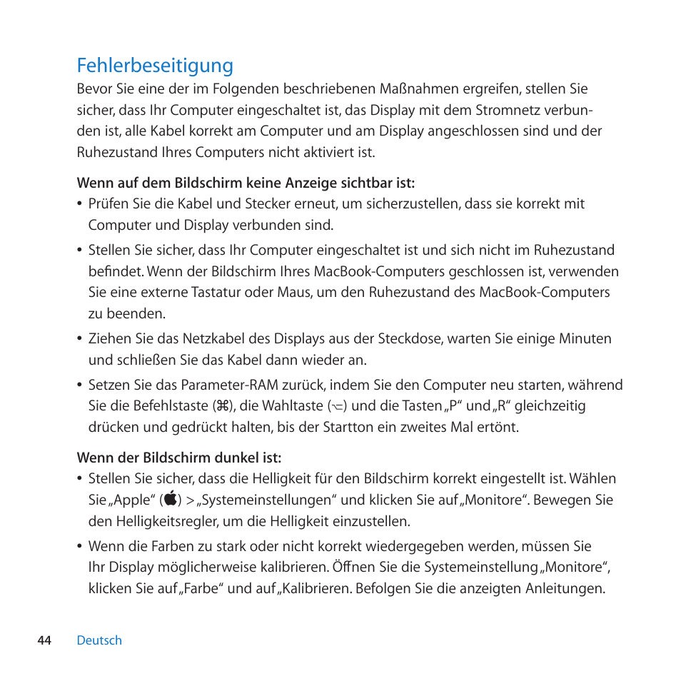 Fehlerbeseitigung, 44 fehlerbeseitigung | Apple LED Cinema Display (27-inch) User Manual | Page 44 / 104