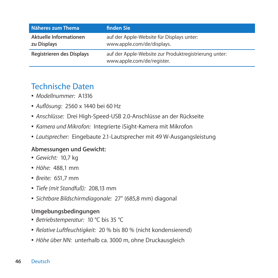 Technische daten, 46 technische daten | Apple LED Cinema Display (27-inch) User Manual | Page 46 / 104