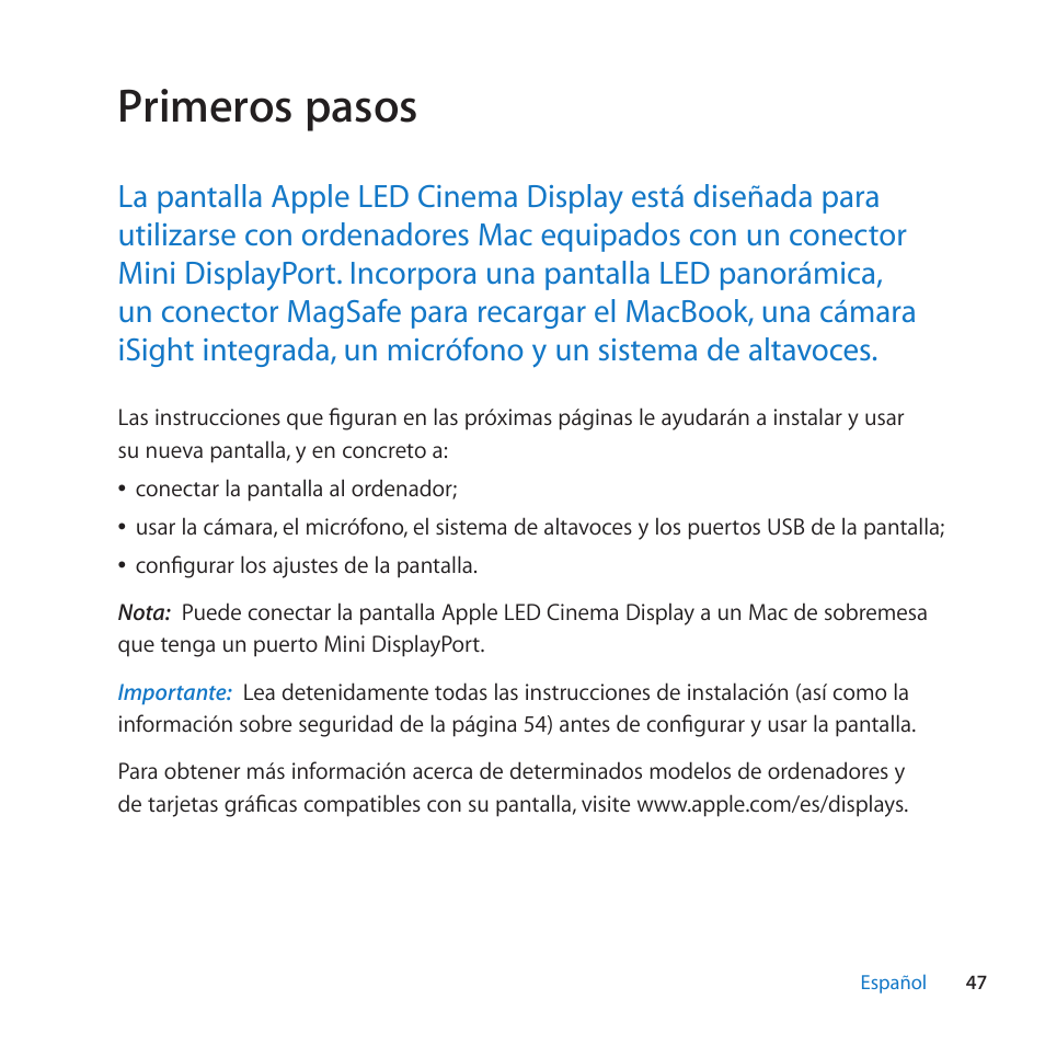 Primeros pasos | Apple LED Cinema Display (27-inch) User Manual | Page 47 / 104