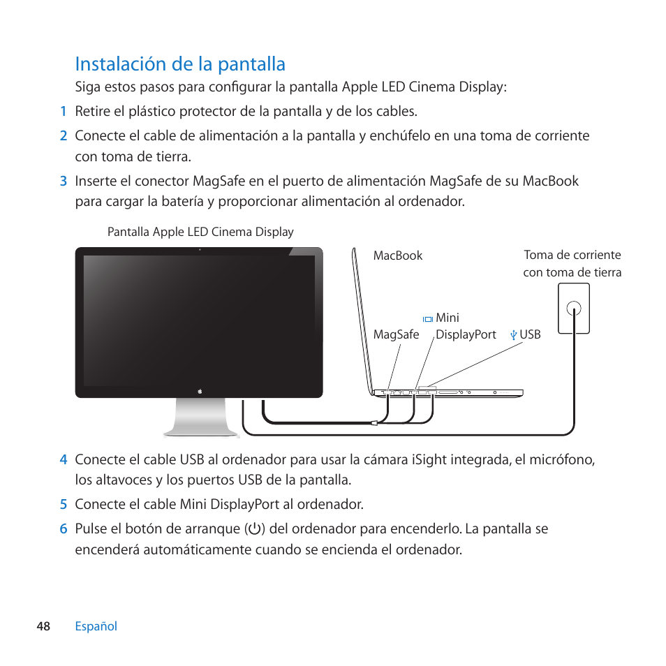 Instalación de la pantalla, 48 instalación de la pantalla | Apple LED Cinema Display (27-inch) User Manual | Page 48 / 104