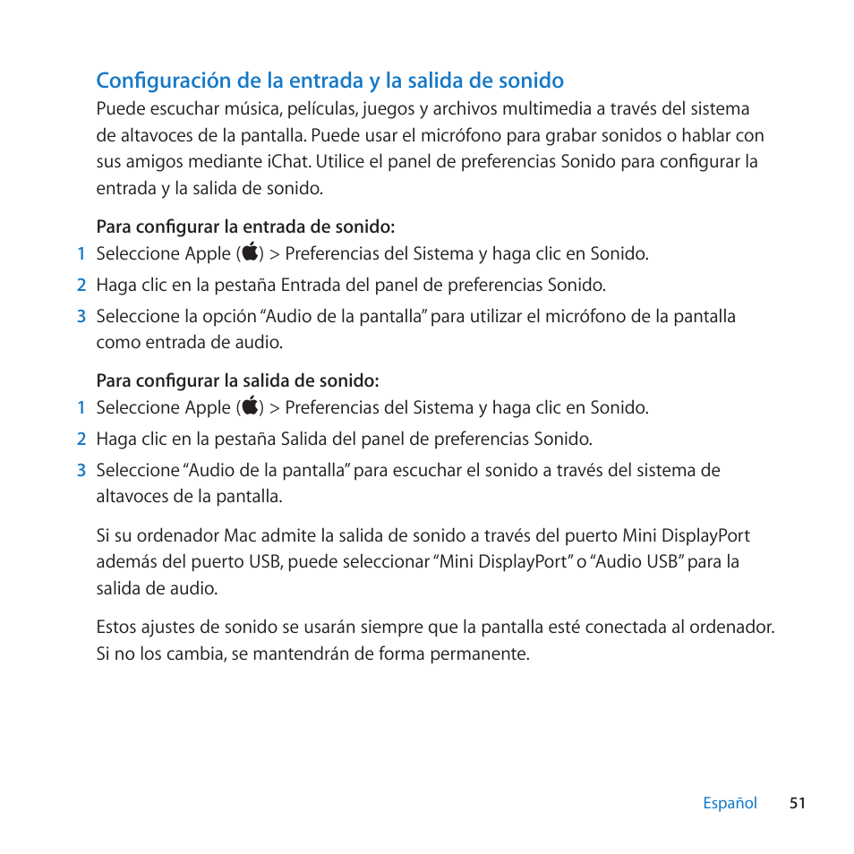 Configuración de la entrada y la salida de sonido | Apple LED Cinema Display (27-inch) User Manual | Page 51 / 104