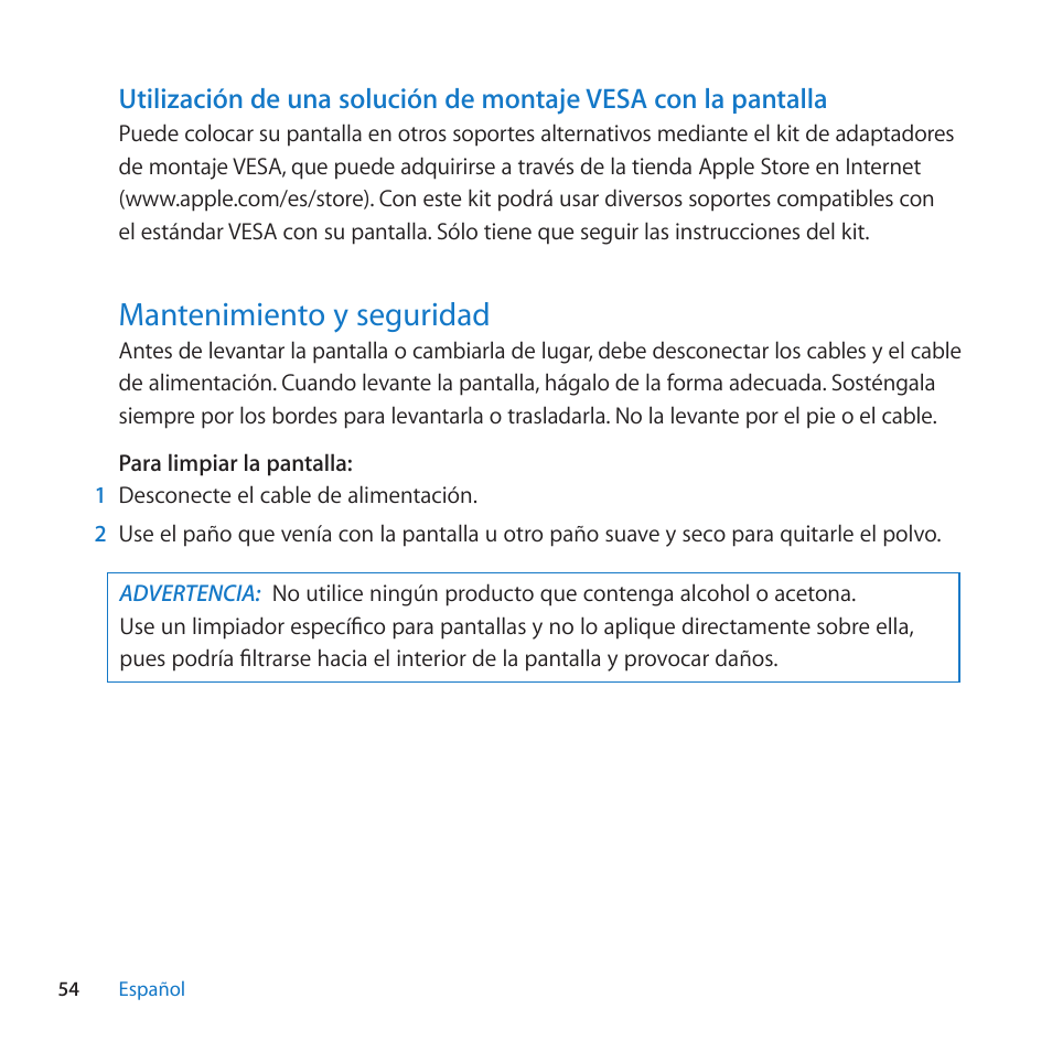 Mantenimiento y seguridad, 54 mantenimiento y seguridad | Apple LED Cinema Display (27-inch) User Manual | Page 54 / 104