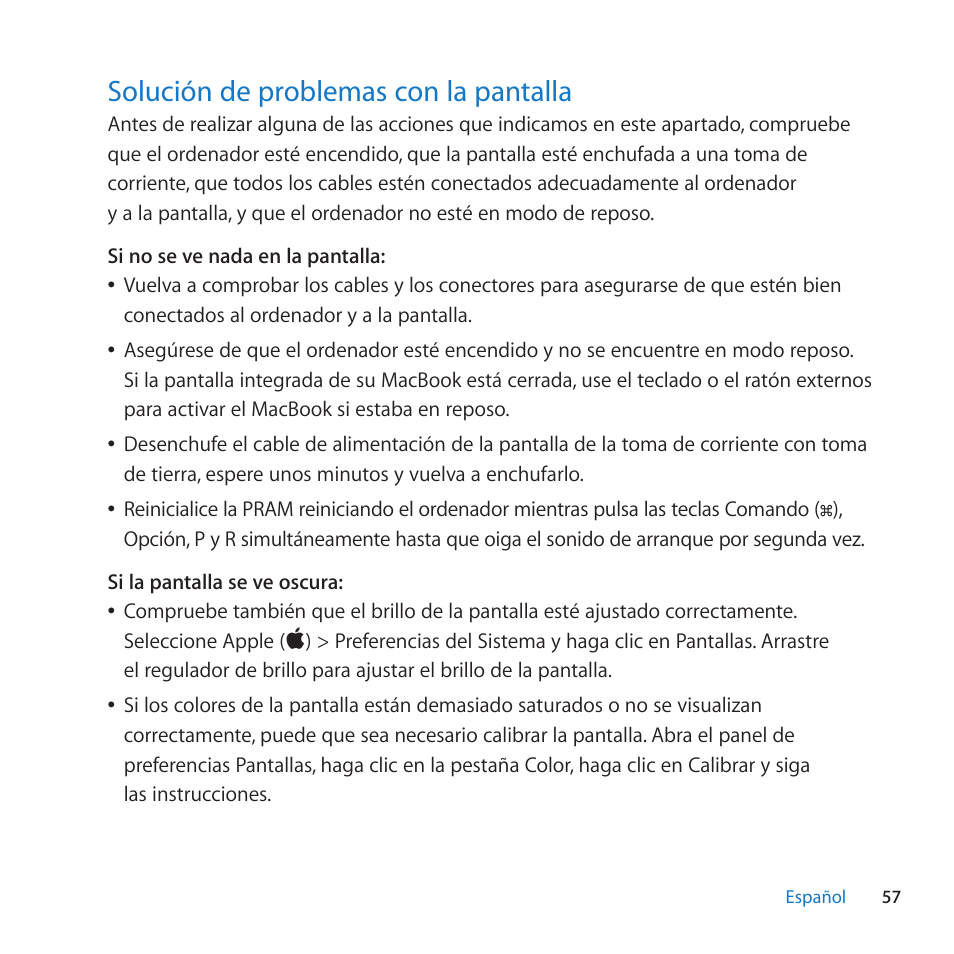 Solución de problemas con la pantalla, 57 solución de problemas con la pantalla | Apple LED Cinema Display (27-inch) User Manual | Page 57 / 104