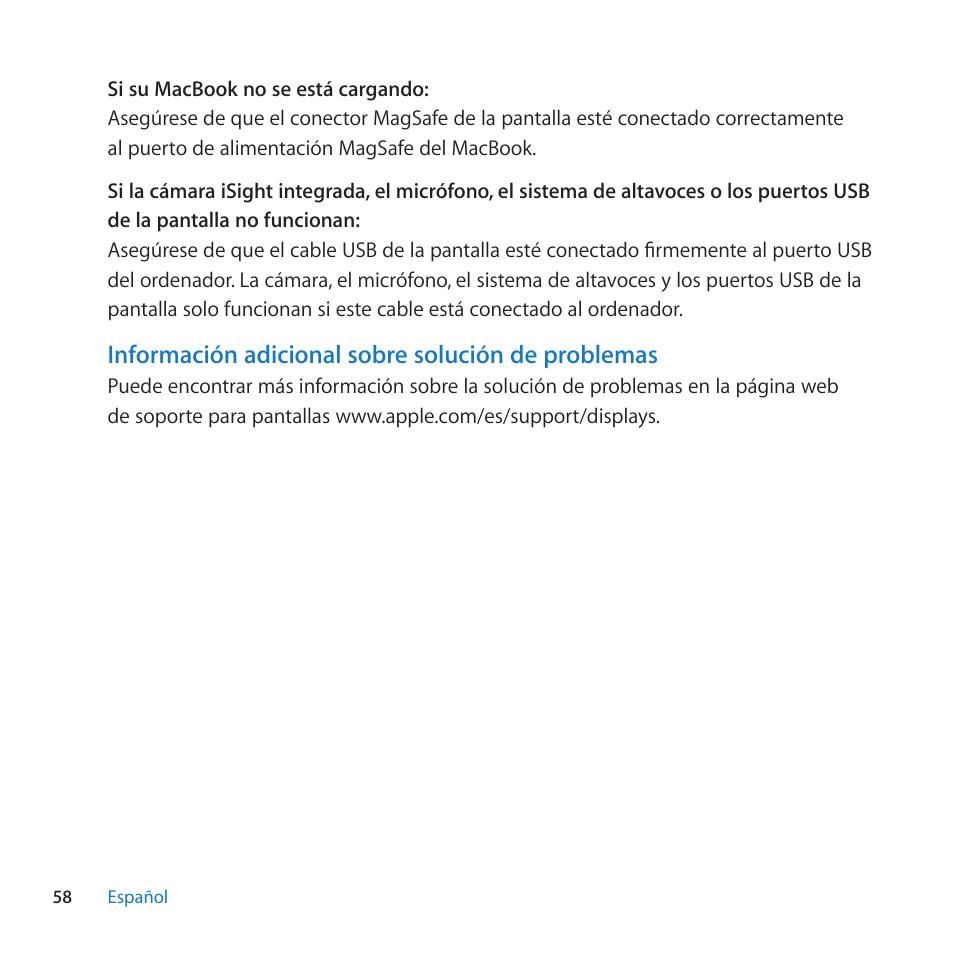 Información adicional sobre solución de problemas | Apple LED Cinema Display (27-inch) User Manual | Page 58 / 104