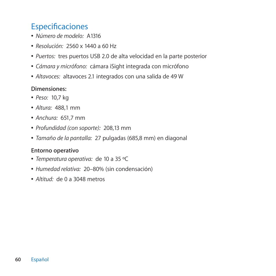 Especificaciones, 60 especificaciones | Apple LED Cinema Display (27-inch) User Manual | Page 60 / 104