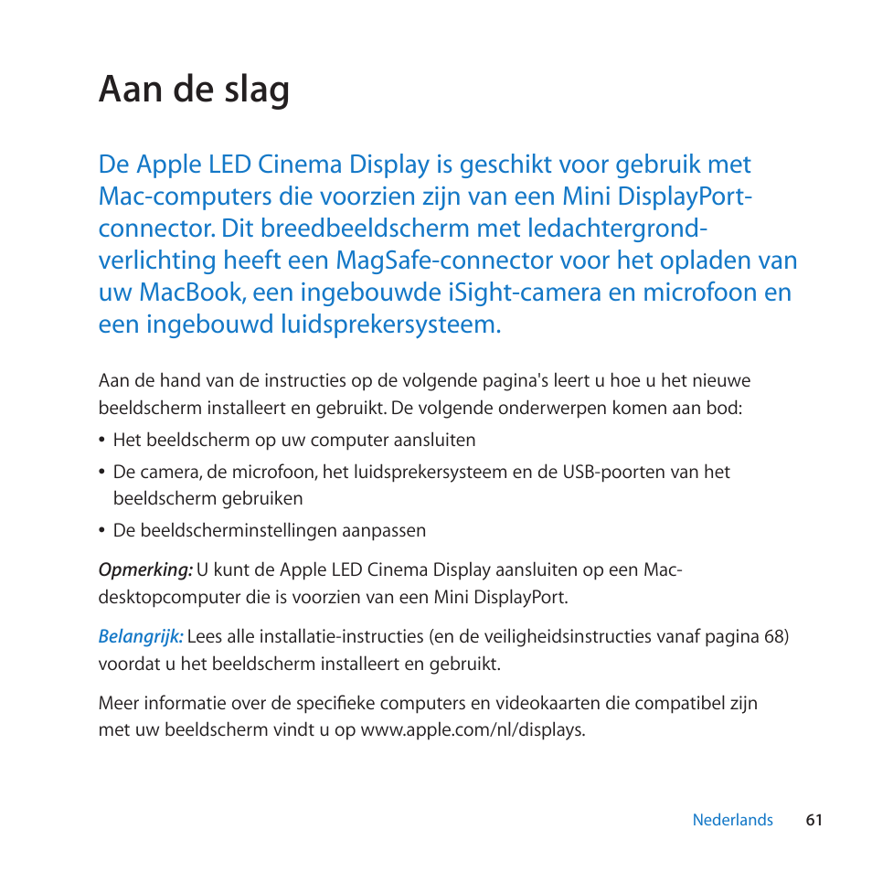 Aan de slag | Apple LED Cinema Display (27-inch) User Manual | Page 61 / 104