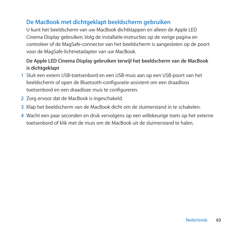 De macbook met dichtgeklapt beeldscherm gebruiken | Apple LED Cinema Display (27-inch) User Manual | Page 63 / 104