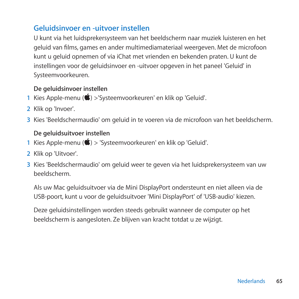 Geluidsinvoer en -uitvoer instellen | Apple LED Cinema Display (27-inch) User Manual | Page 65 / 104