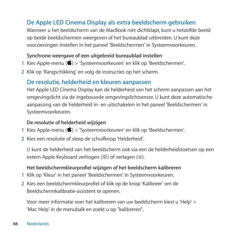 De resolutie, helderheid en kleuren aanpassen | Apple LED Cinema Display (27-inch) User Manual | Page 66 / 104