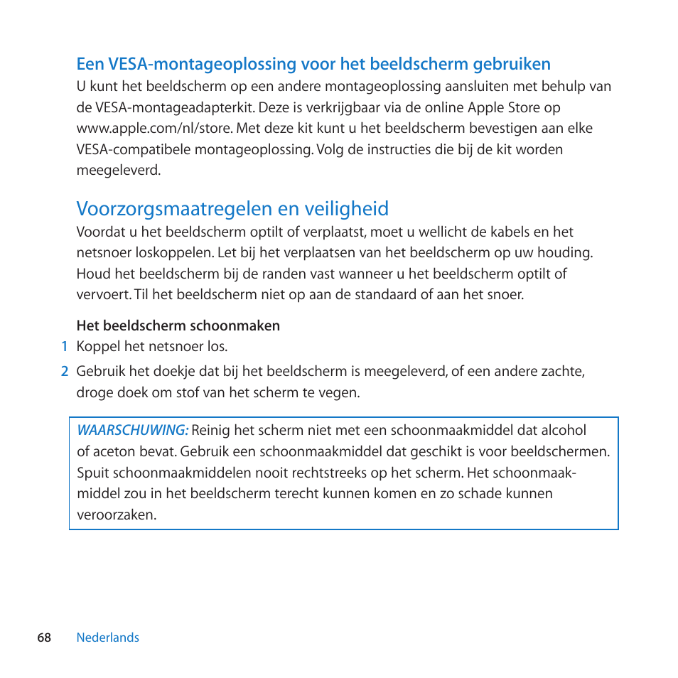 Voorzorgsmaatregelen en veiligheid, 68 voorzorgsmaatregelen en veiligheid | Apple LED Cinema Display (27-inch) User Manual | Page 68 / 104