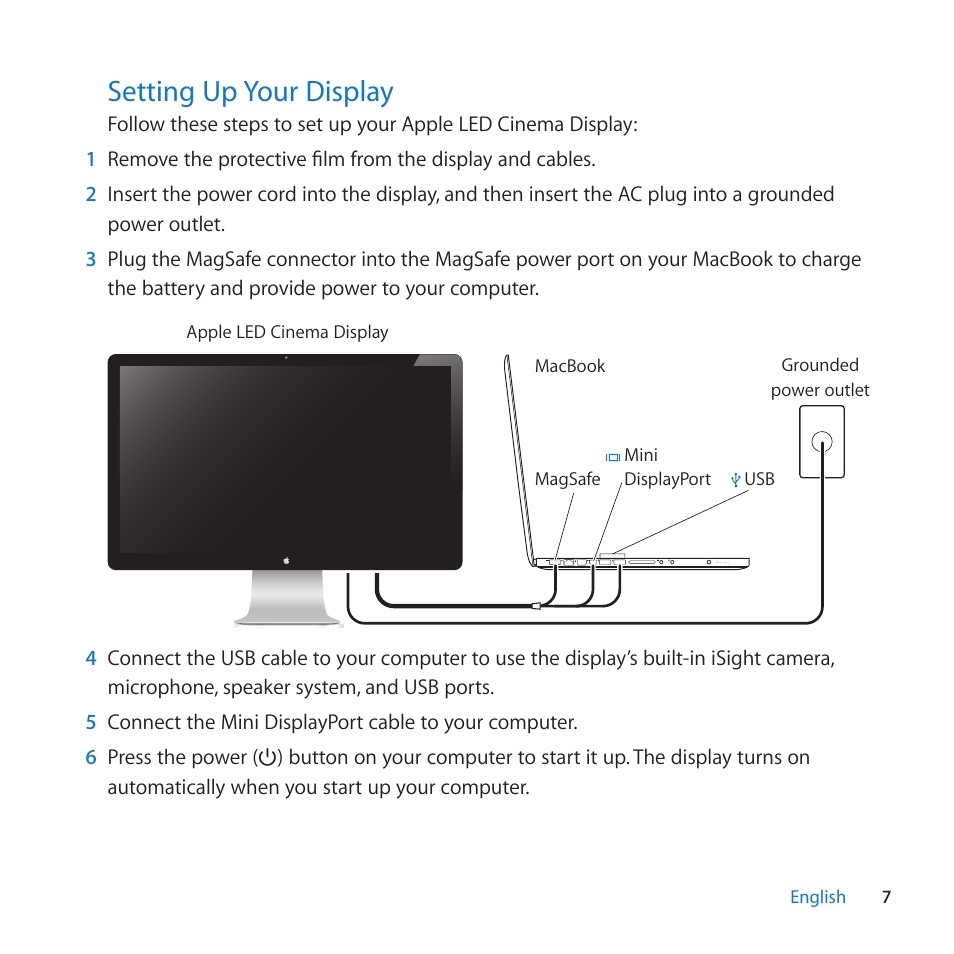 Setting up your display, 7 setting up your display | Apple LED Cinema Display (27-inch) User Manual | Page 7 / 104