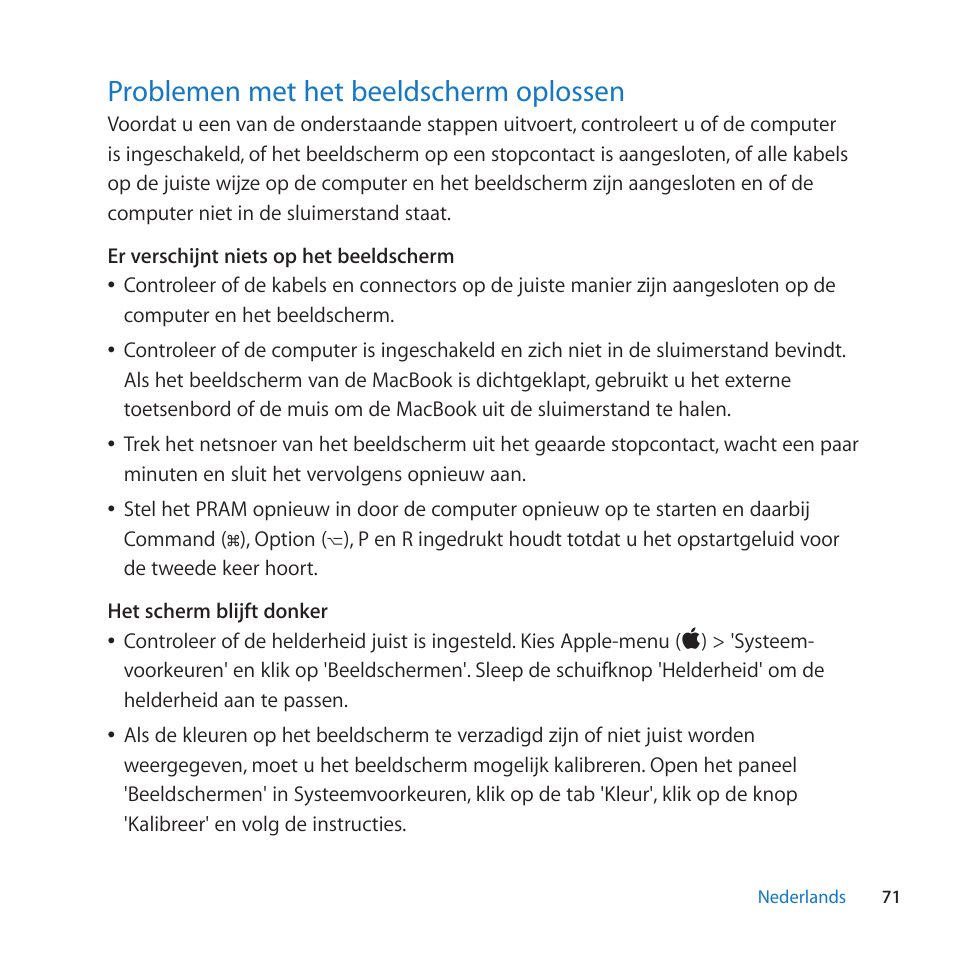 Problemen met het beeldscherm oplossen, 71 problemen met het beeldscherm oplossen | Apple LED Cinema Display (27-inch) User Manual | Page 71 / 104