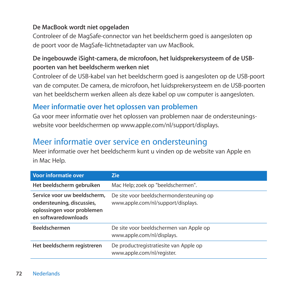 Meer informatie over service en ondersteuning, 72 meer informatie over service en ondersteuning, Meer informatie over het oplossen van problemen | Apple LED Cinema Display (27-inch) User Manual | Page 72 / 104