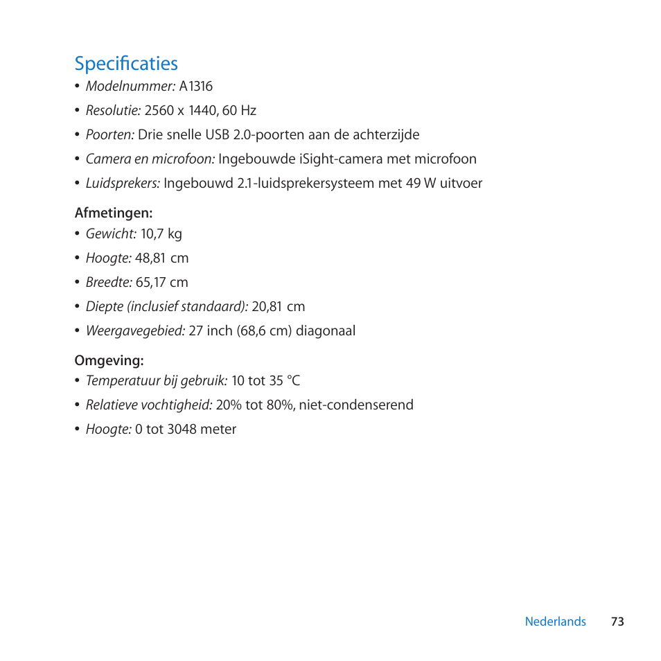 Specificaties, 73 specificaties | Apple LED Cinema Display (27-inch) User Manual | Page 73 / 104