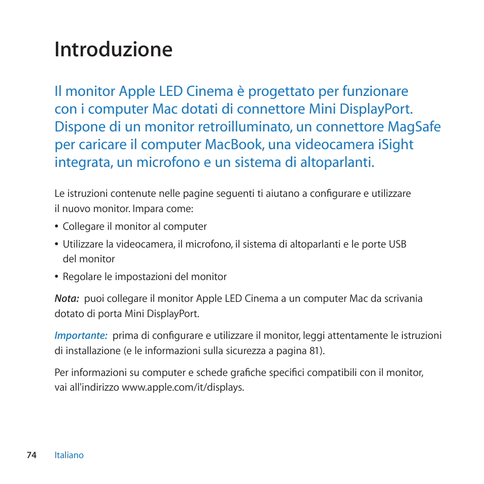 Introduzione | Apple LED Cinema Display (27-inch) User Manual | Page 74 / 104