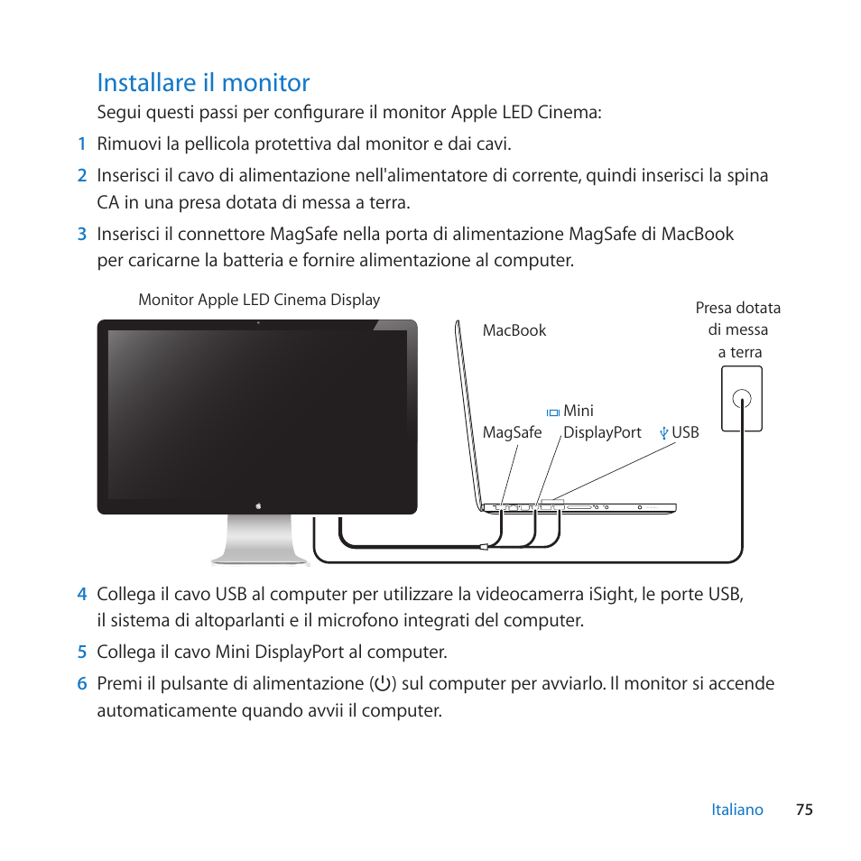 Installare il monitor, 75 installare il monitor | Apple LED Cinema Display (27-inch) User Manual | Page 75 / 104