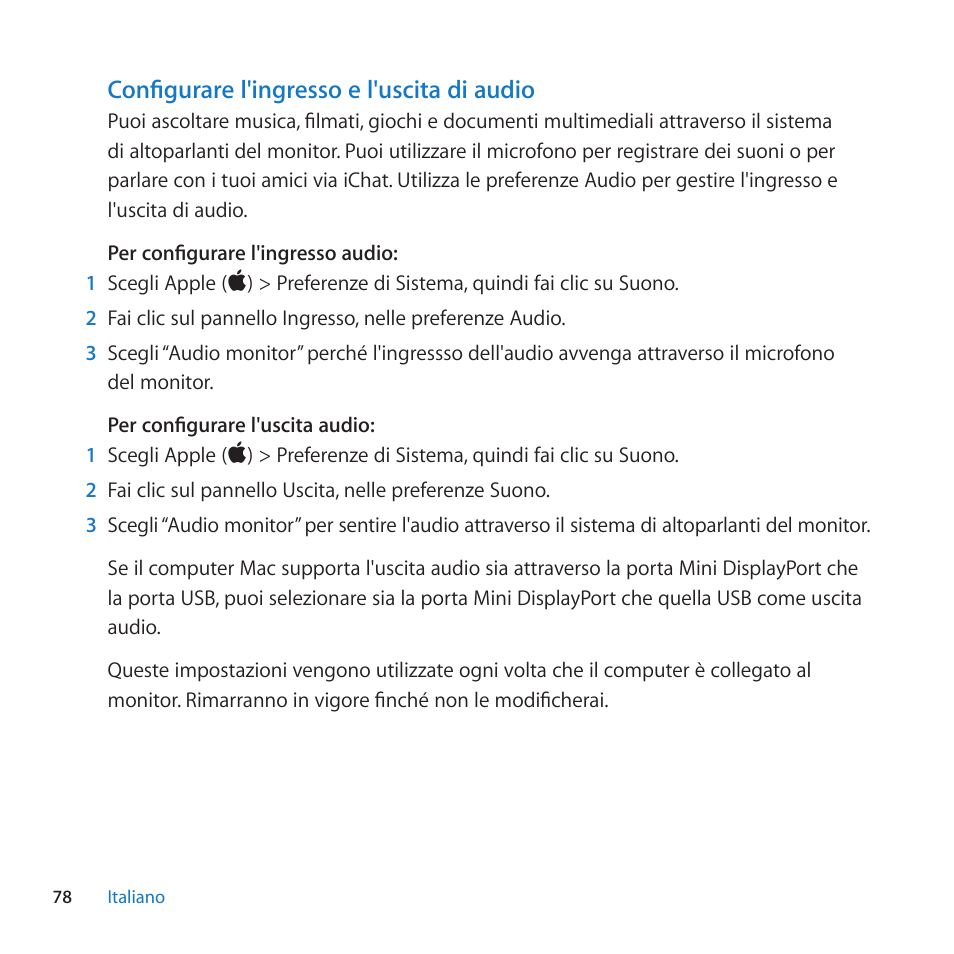 Configurare l'ingresso e l'uscita di audio | Apple LED Cinema Display (27-inch) User Manual | Page 78 / 104