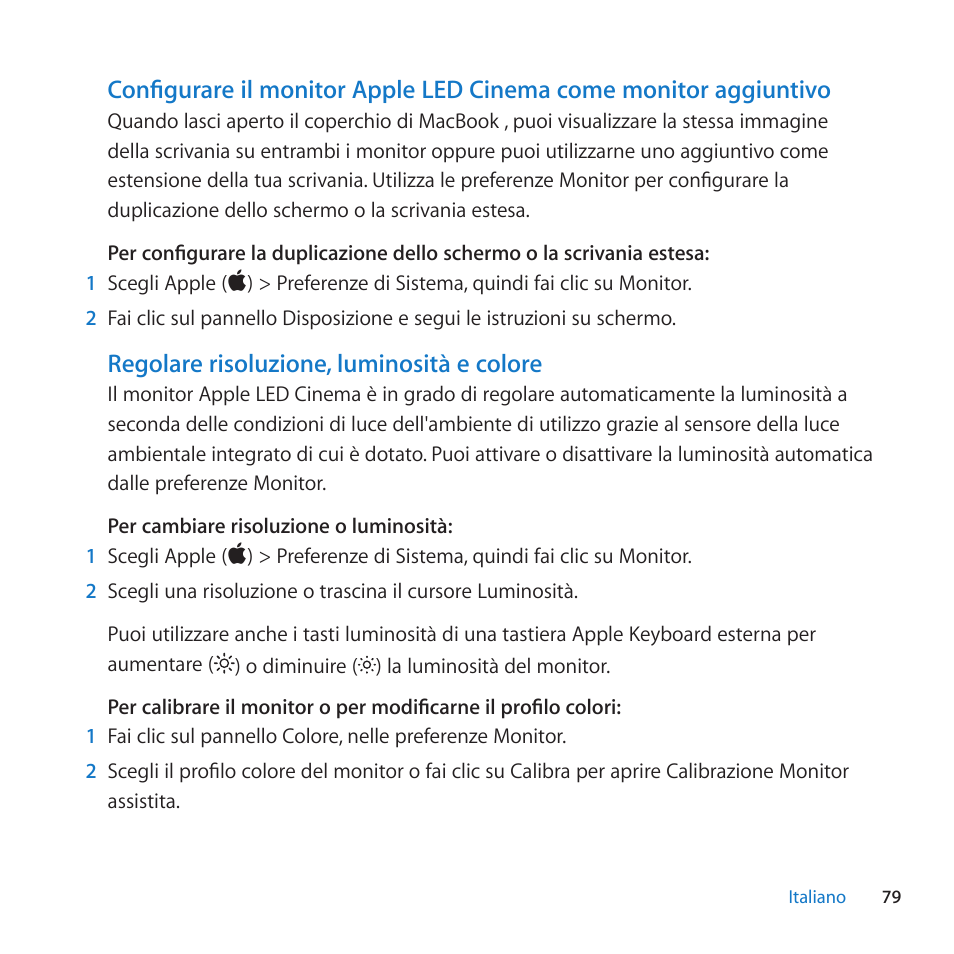 Regolare risoluzione, luminosità e colore | Apple LED Cinema Display (27-inch) User Manual | Page 79 / 104