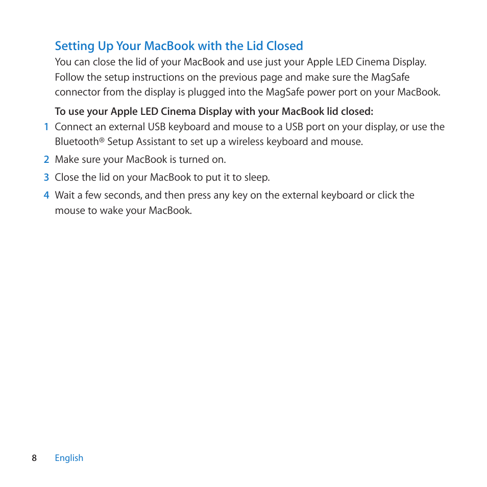 Setting up your macbook with the lid closed | Apple LED Cinema Display (27-inch) User Manual | Page 8 / 104