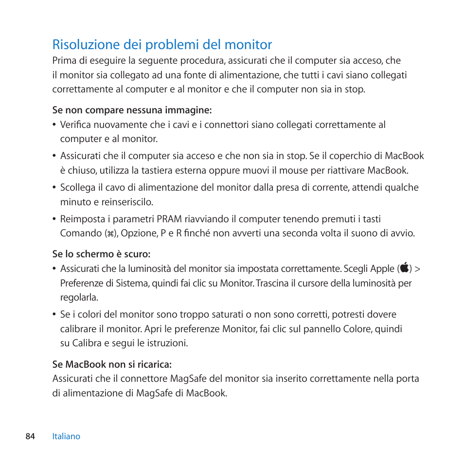 Risoluzione dei problemi del monitor, 84 risoluzione dei problemi del monitor | Apple LED Cinema Display (27-inch) User Manual | Page 84 / 104