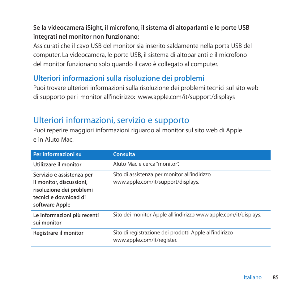 Ulteriori informazioni, servizio e supporto, 85 ulteriori informazioni, servizio e supporto | Apple LED Cinema Display (27-inch) User Manual | Page 85 / 104