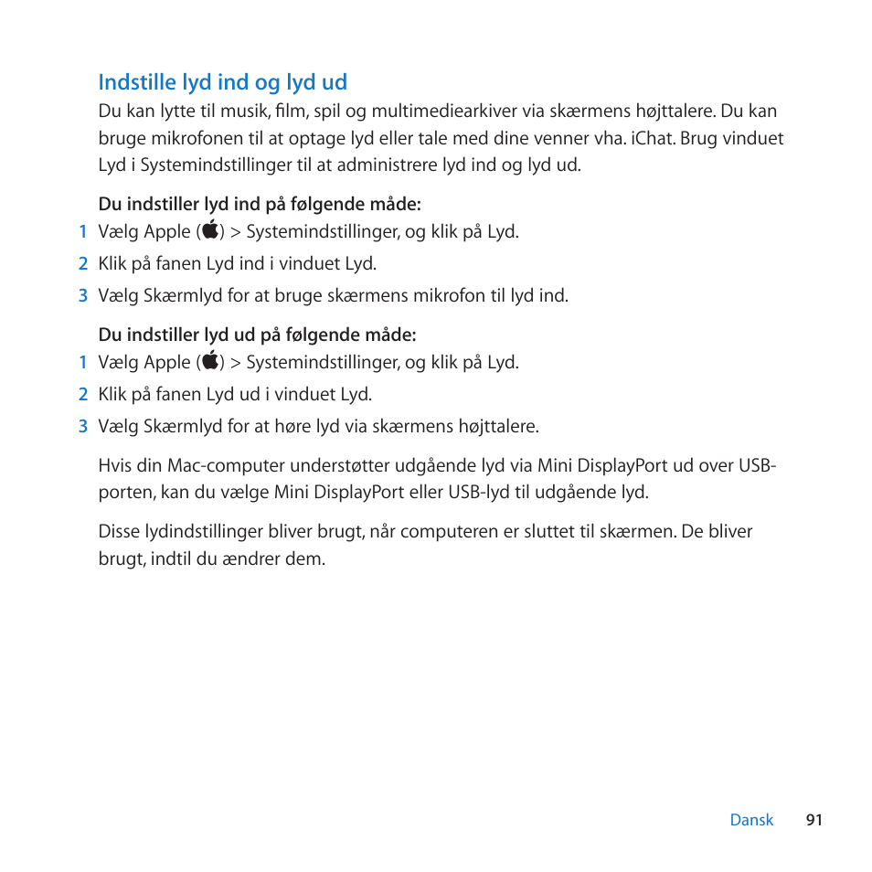 Indstille lyd ind og lyd ud | Apple LED Cinema Display (27-inch) User Manual | Page 91 / 104