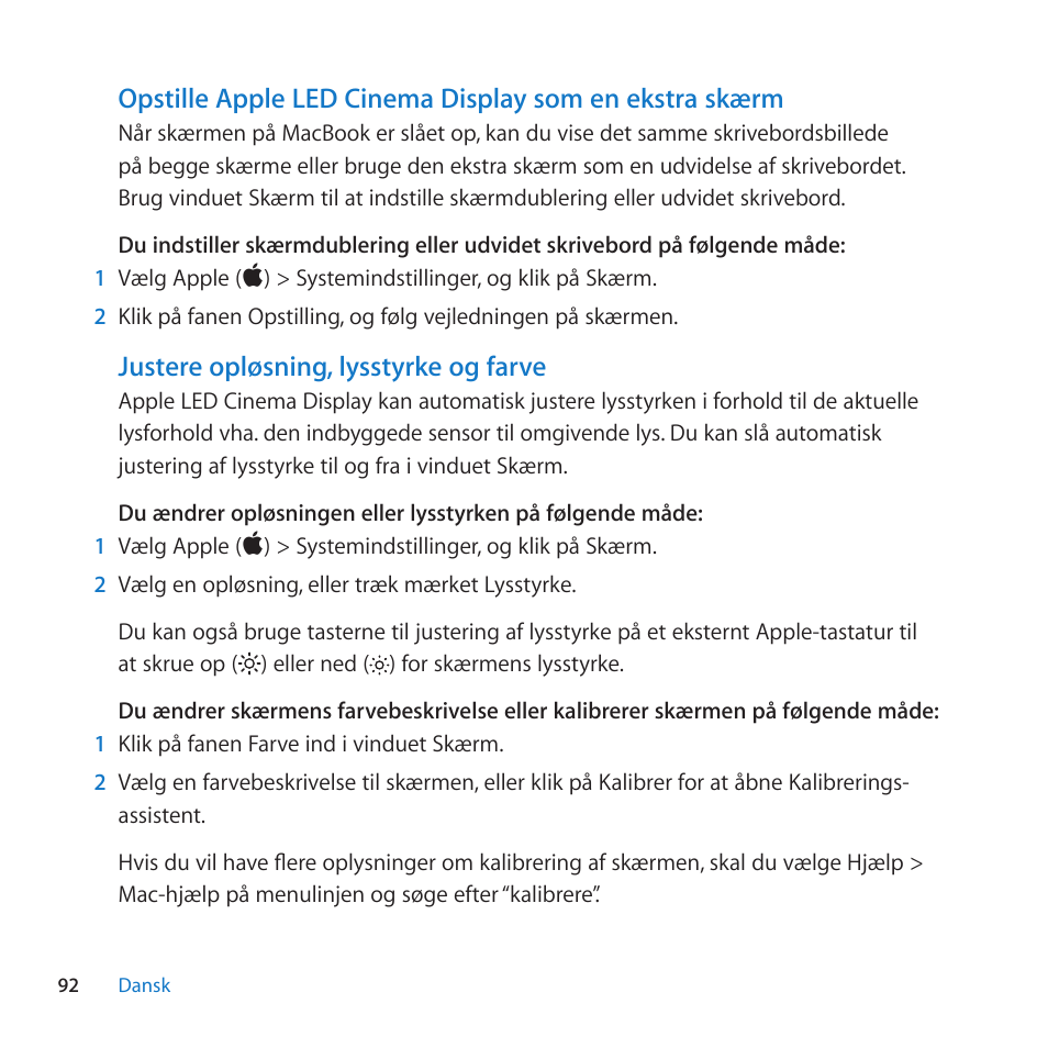 Justere opløsning, lysstyrke og farve | Apple LED Cinema Display (27-inch) User Manual | Page 92 / 104