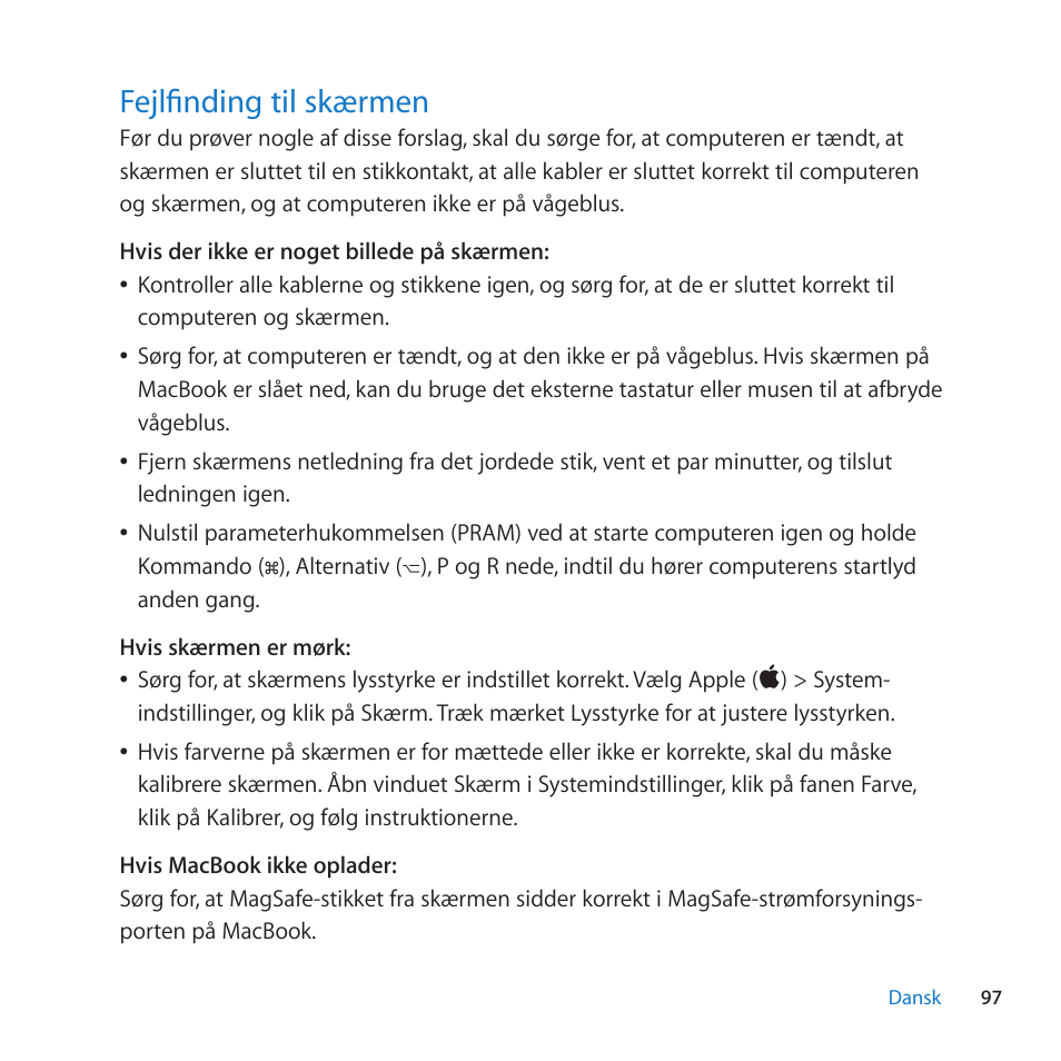 Fejlfinding til skærmen, 97 fejlfinding til skærmen | Apple LED Cinema Display (27-inch) User Manual | Page 97 / 104