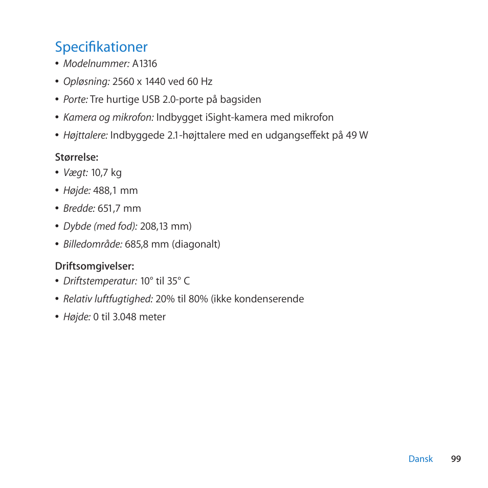 Specifikationer, 99 specifikationer | Apple LED Cinema Display (27-inch) User Manual | Page 99 / 104