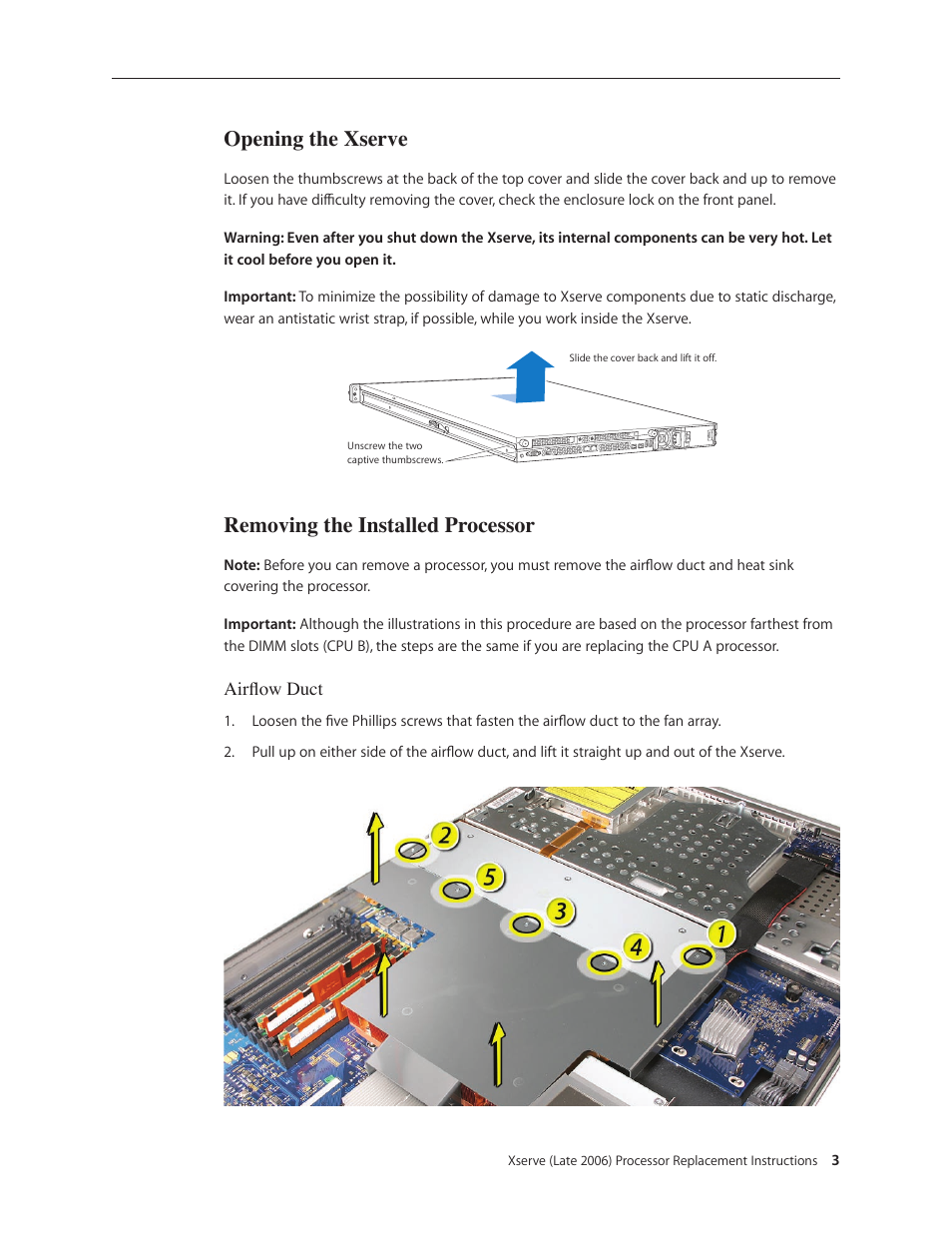 Opening the xserve, Removing the installed processor | Apple Xserve Intel (Late 2006) DIY Procedure for Processor User Manual | Page 3 / 11