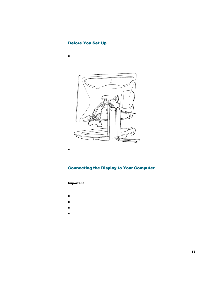 Before you set up, Connecting the display to your computer | Apple Studio Display User Manual | Page 17 / 68