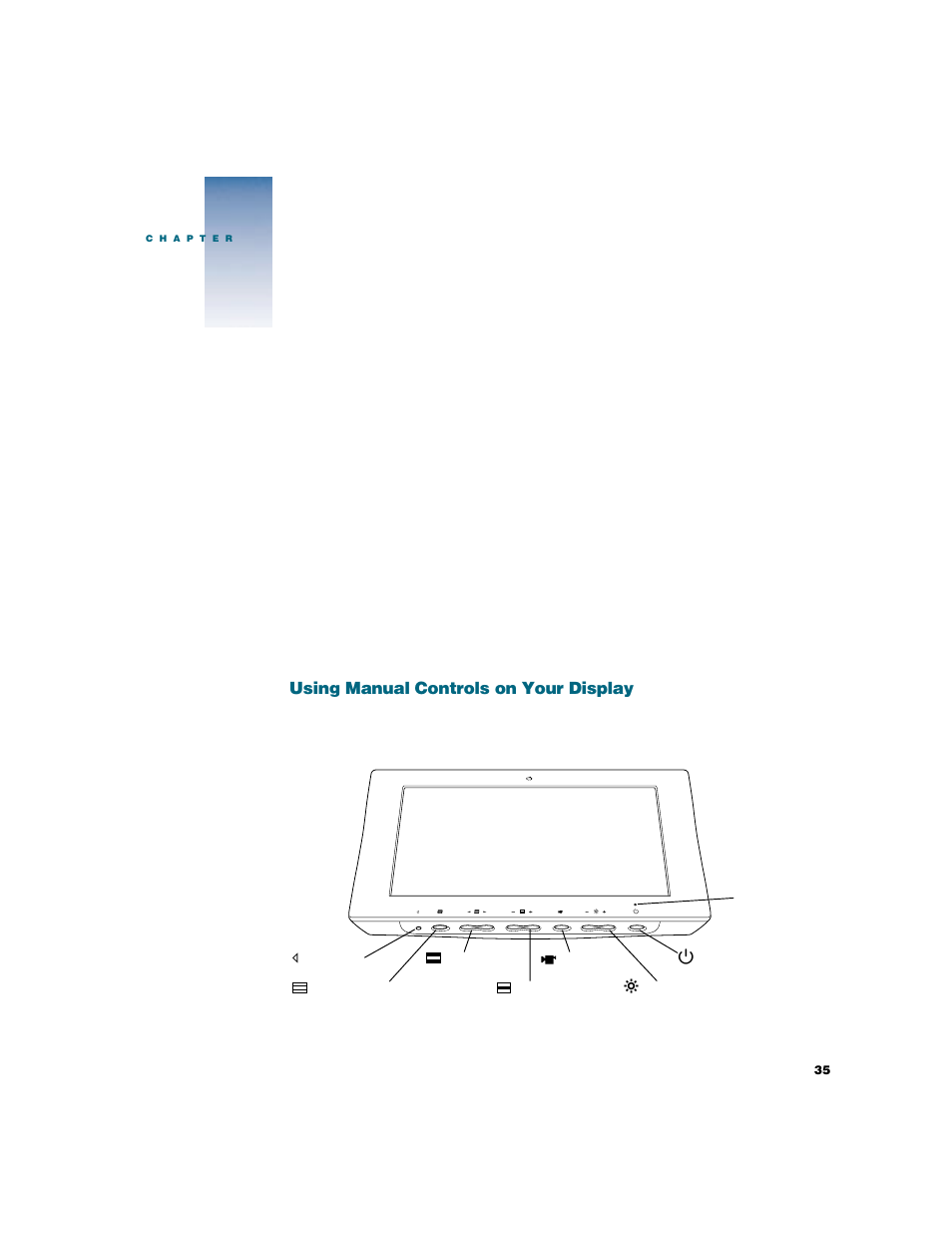 Using manual controls andtheonscreendisplay, Using manual controls on your display, Using manual controls and the on-screen display | Apple Studio Display User Manual | Page 35 / 68