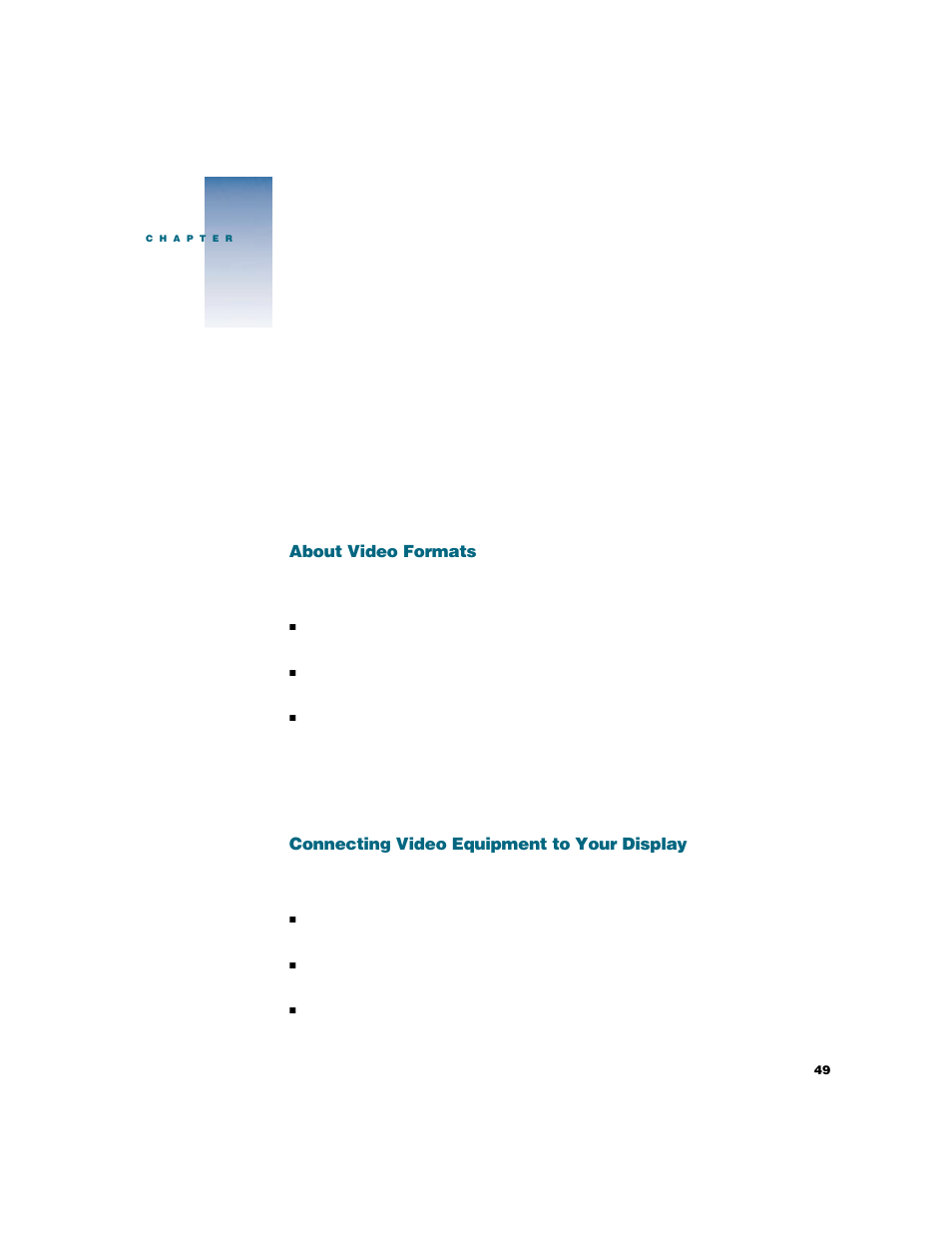Using your display for video andimageplayback, About video formats, Connecting video equipment to your display | Using your display for video and image playback | Apple Studio Display User Manual | Page 49 / 68