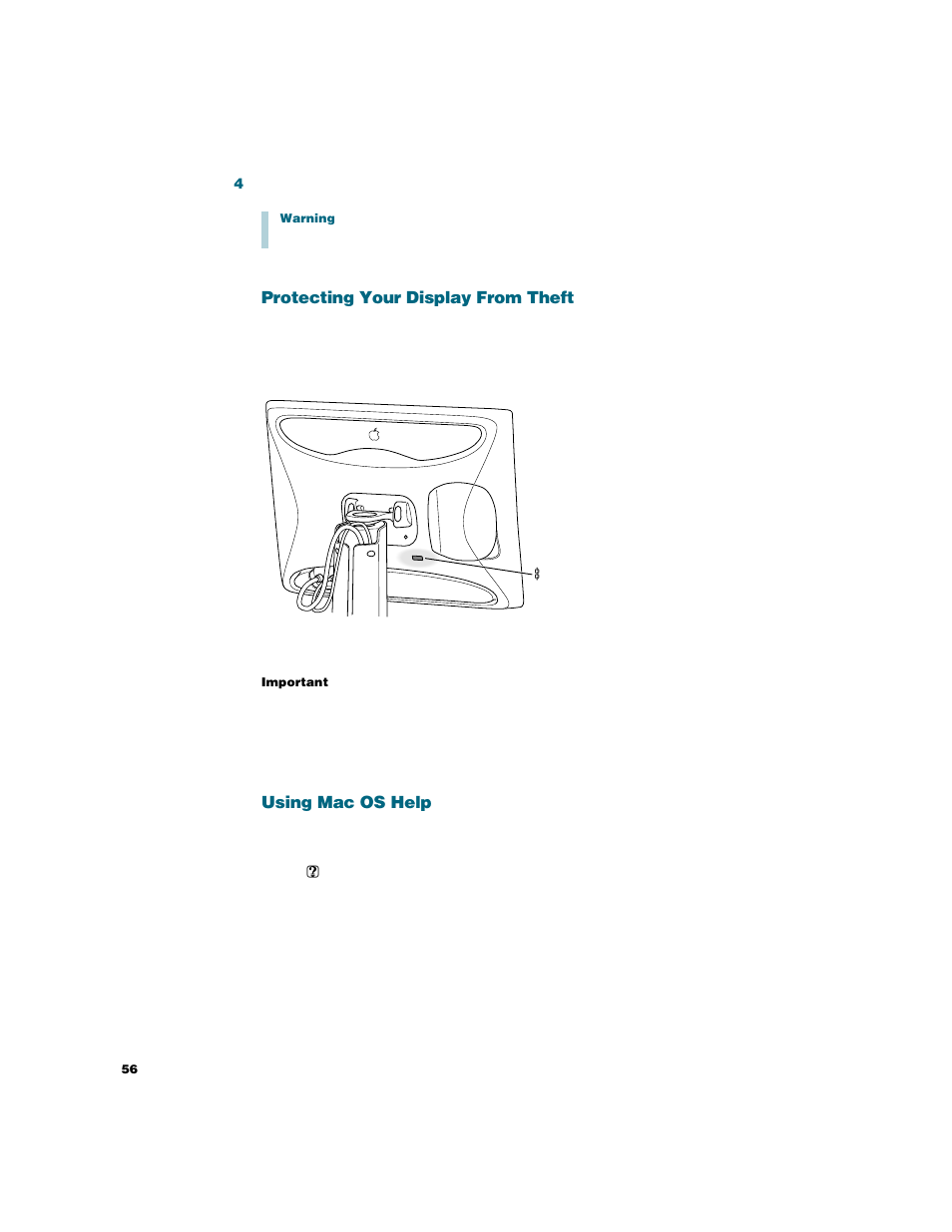 Protecting your display from theft, Using mac os help | Apple Studio Display User Manual | Page 56 / 68