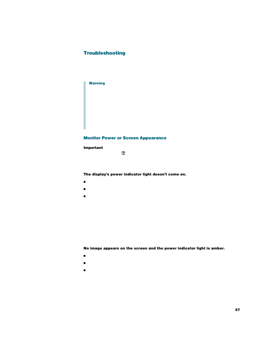 Troubleshooting, Monitor power or screen appearance | Apple Studio Display User Manual | Page 57 / 68