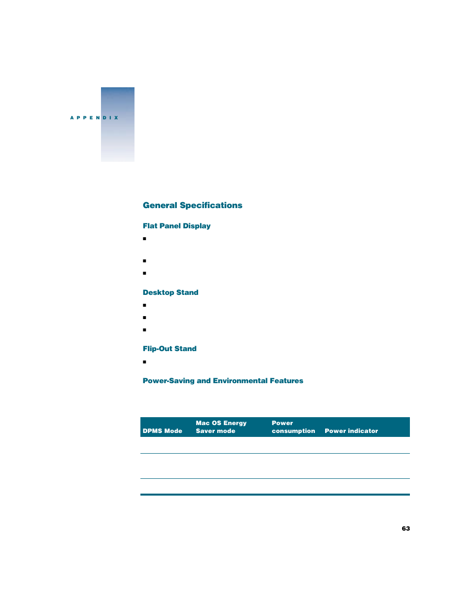 Technical information, General specifications, Flat panel display | Desktop stand, Flip-out stand, Power-saving and environmental features | Apple Studio Display User Manual | Page 63 / 68
