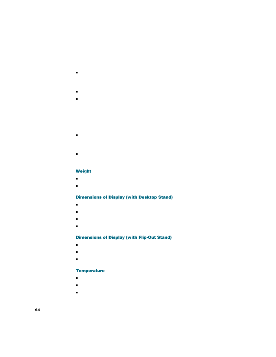 Weight, Dimensions of display (with desktop stand), Dimensions of display (with flip-out stand) | Temperature | Apple Studio Display User Manual | Page 64 / 68