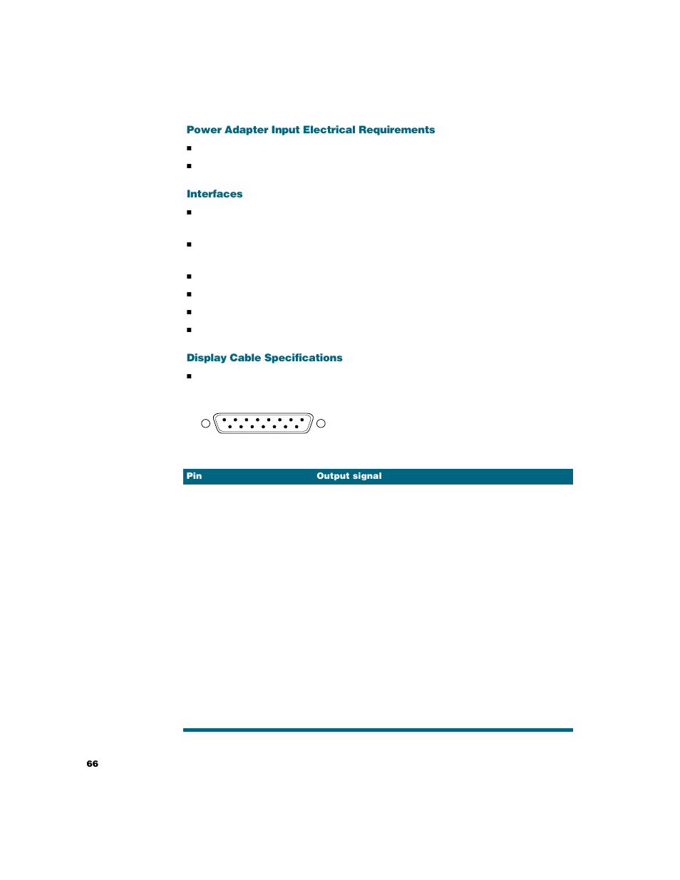 Power adapter input electrical requirements, Interfaces, Display cable specifications | Apple Studio Display User Manual | Page 66 / 68
