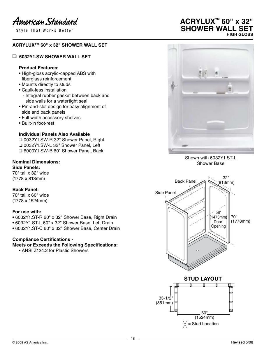American Standard Acrylux 6032Y1.SW User Manual | 1 page
