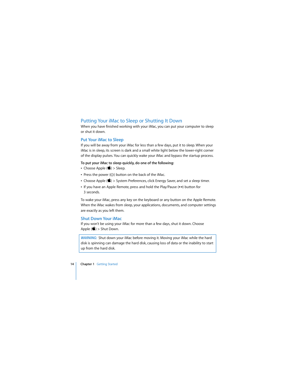 Putting your imac to sleep or shutting it down | Apple iMac (Mid 2006) User Manual | Page 14 / 104