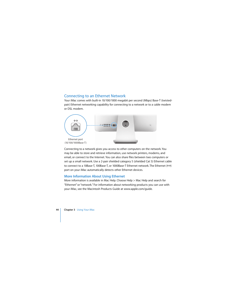 Connecting to an ethernet network | Apple iMac (Mid 2006) User Manual | Page 44 / 104