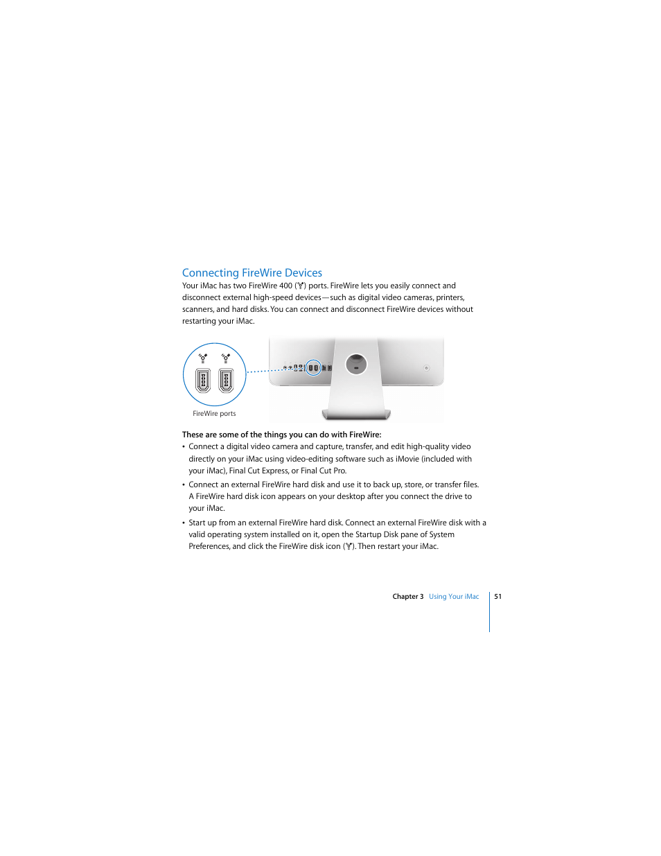 Connecting firewire devices | Apple iMac (Mid 2006) User Manual | Page 51 / 104