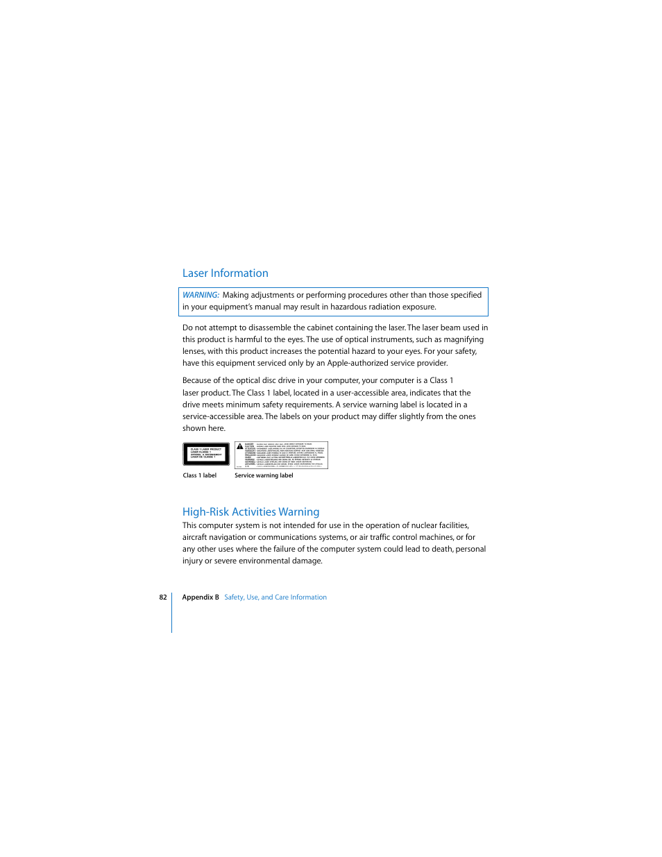 Laser information, High-risk activities warning | Apple iMac (Mid 2006) User Manual | Page 82 / 104