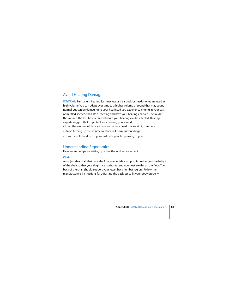 Avoid hearing damage understanding ergonomics | Apple iMac (Mid 2006) User Manual | Page 83 / 104